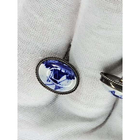 Vintage 835 Silver & Ceramic [Windmill/Countryside] Cufflinks (Tarnished) - Picture 2 of 7